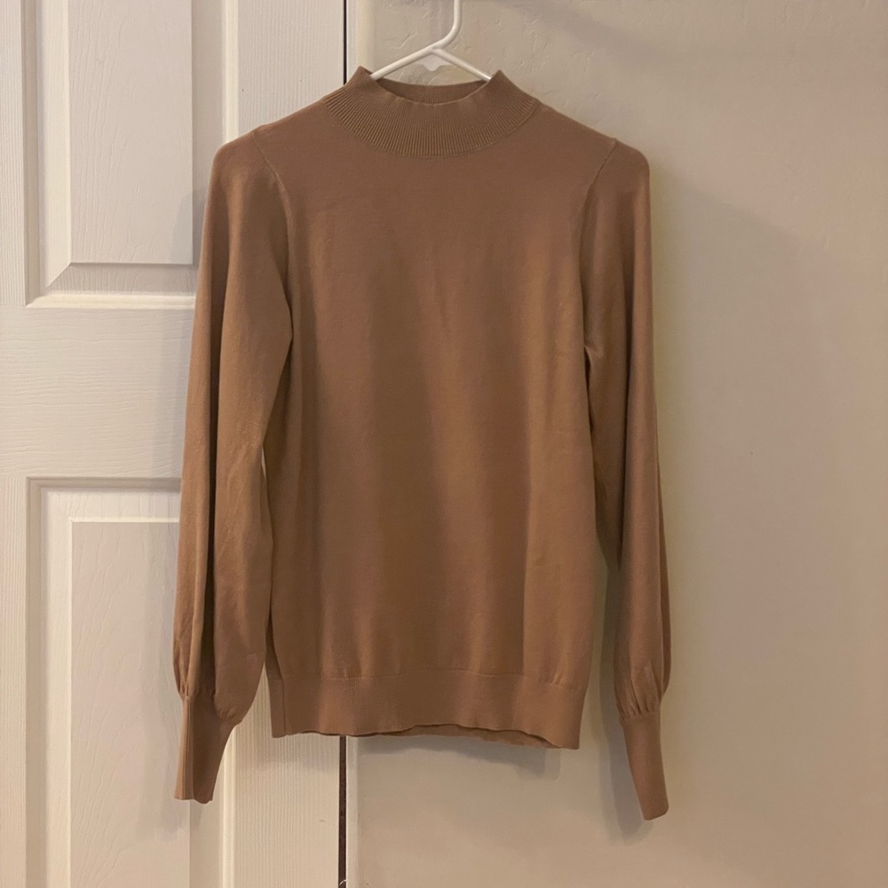 Mock Neck Balloon Sleeve Camel Sweater, Size Small